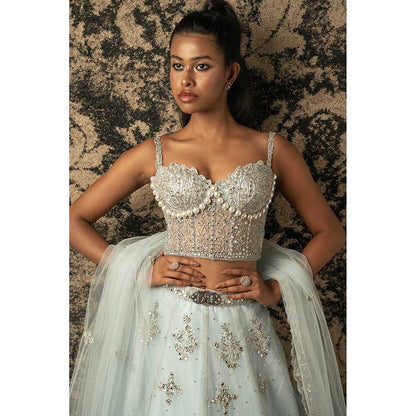 Jigar and Nikita Stellar Blue Organza Lehenga With Blouse And Dupatta (Set of 3)