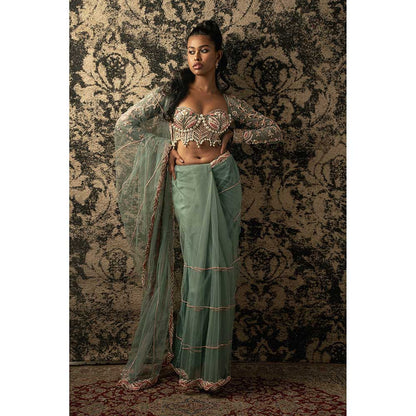 Jigar and Nikita Turquoise Saree With Stitched Blouse And Petticoat