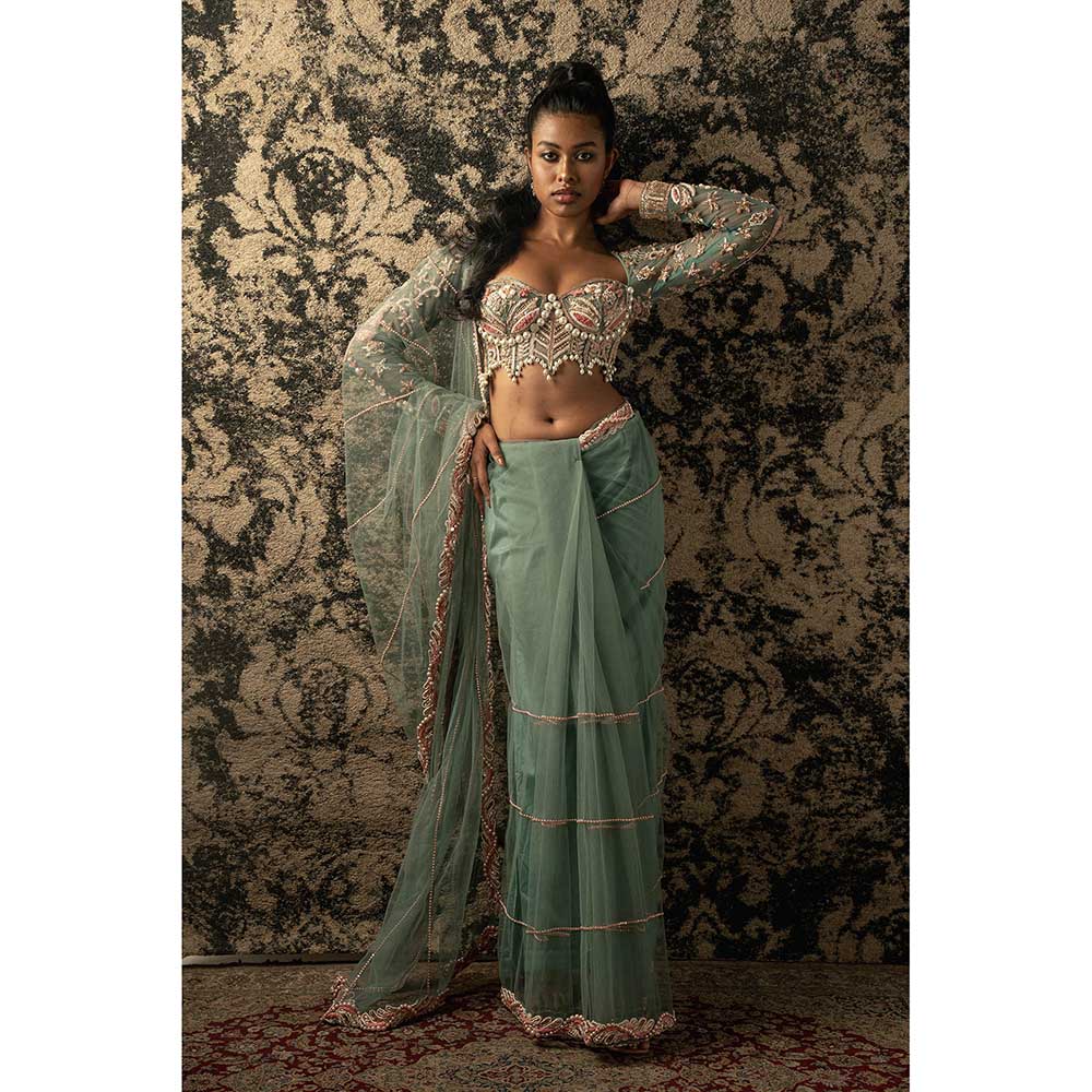 Jigar and Nikita Turquoise Saree With Stitched Blouse And Petticoat