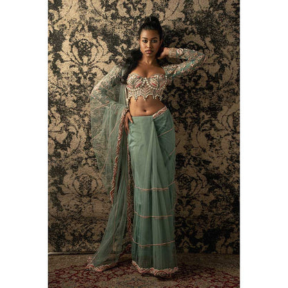 Jigar and Nikita Turquoise Saree With Stitched Blouse And Petticoat