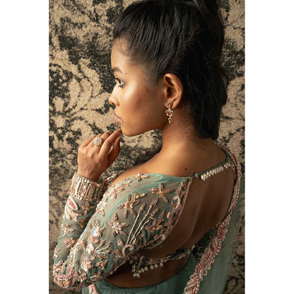 Jigar and Nikita Turquoise Saree With Stitched Blouse And Petticoat