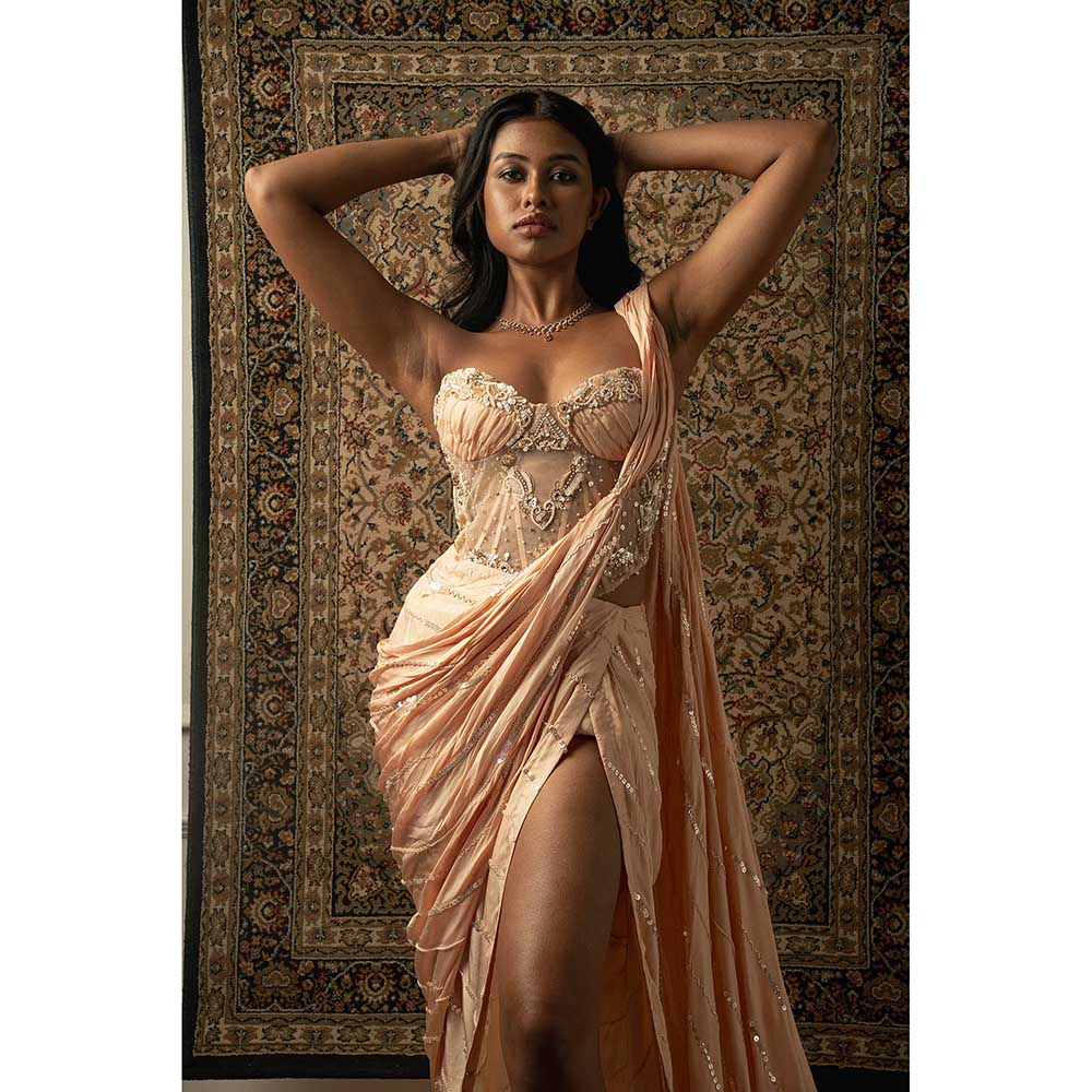 Jigar and Nikita Peach Silk Pre-Draped Saree With Stitched Blouse