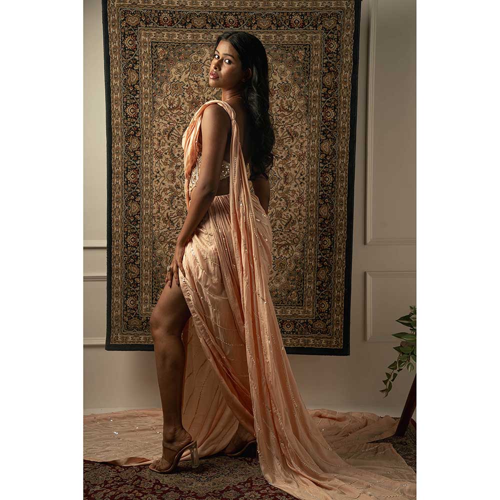 Jigar and Nikita Peach Silk Pre-Draped Saree With Stitched Blouse