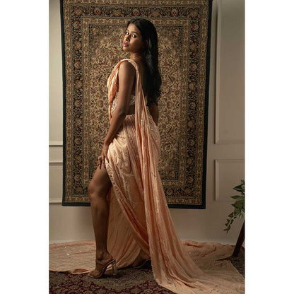 Jigar and Nikita Peach Silk Pre-Draped Saree With Stitched Blouse
