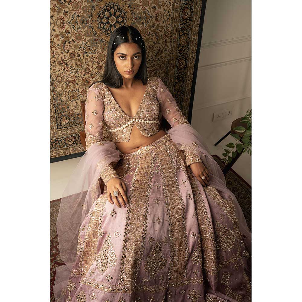 Jigar and Nikita Pink Net Lehenga With Blouse And Dupatta (Set of 3)