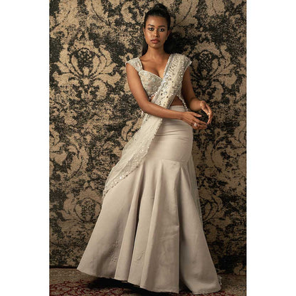 Jigar and Nikita Off White Silk Skirt With Blouse And Separate Drape (Set of 3)