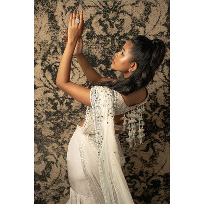 Jigar and Nikita Off White Silk Skirt With Blouse And Separate Drape (Set of 3)