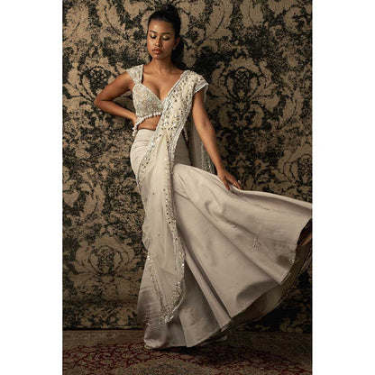 Jigar and Nikita Off White Silk Skirt With Blouse And Separate Drape (Set of 3)