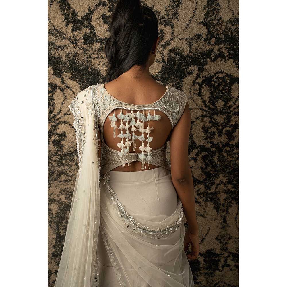 Jigar and Nikita Off White Silk Skirt With Blouse And Separate Drape (Set of 3)
