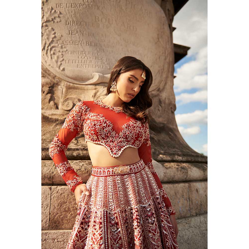 Jigar and Nikita Full Sleeve Red Lehenga with Blouse and Dupatta (Set of 3)