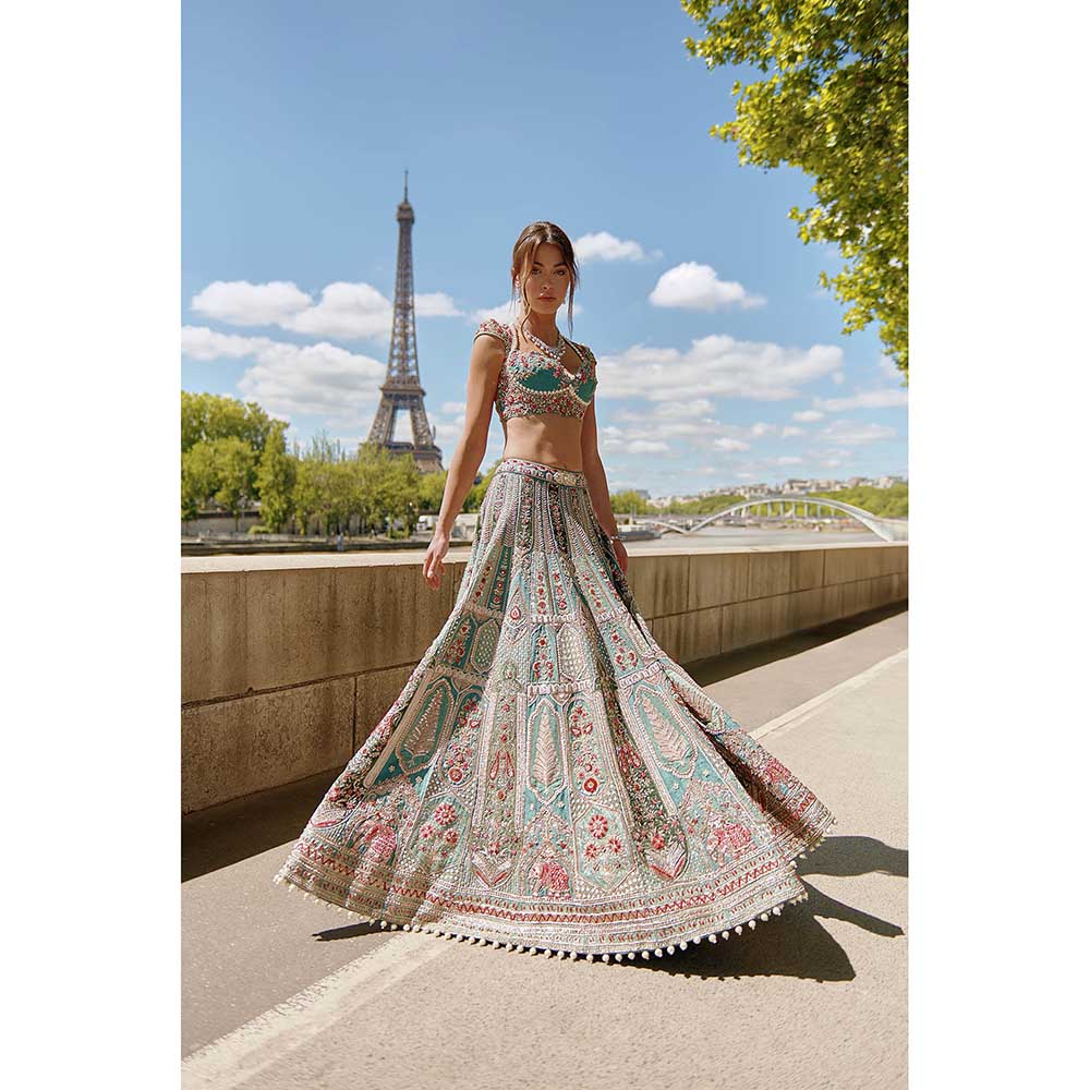 Jigar and Nikita Turquoise Lehenga with Blouse and Dupatta (Set of 3)