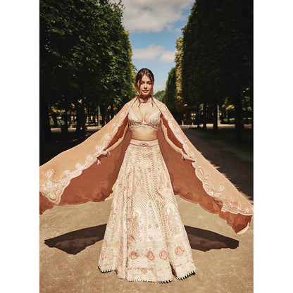 Jigar and Nikita Beige Lehenga with Blouse and Dupatta (Set of 3)