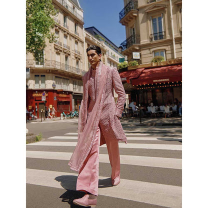Jigar and Nikita Men'S Pink Embellished Sherwani with Trouser and Dupatta (Set of 3)