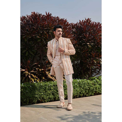 Jigar and Nikita Peach Threaded Triumph Jacket with Shirt and Pant (Set of 3)