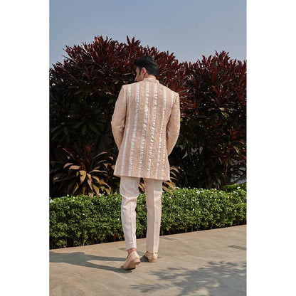Jigar and Nikita Peach Threaded Triumph Jacket with Shirt and Pant (Set of 3)
