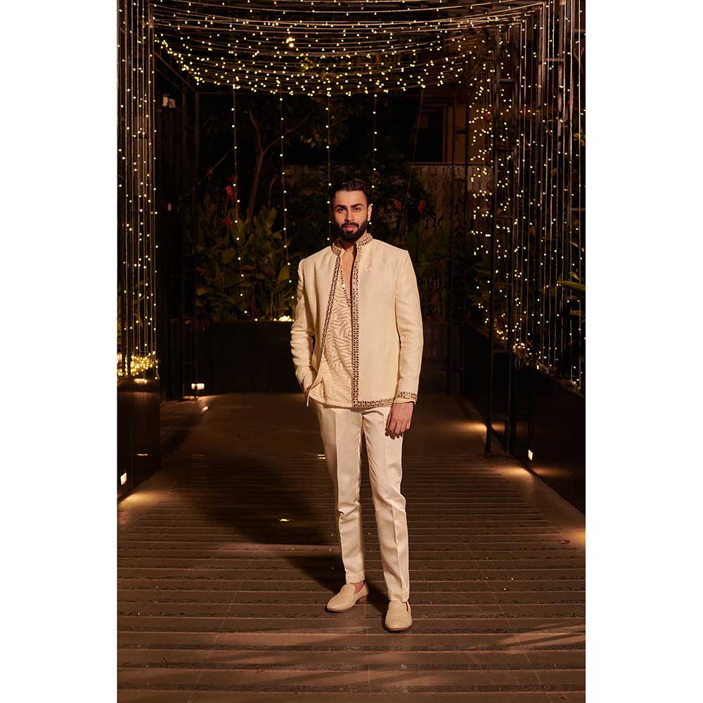 Jigar and Nikita Cream Impression Jacket with Short Kurta and Pant (Set of 3)