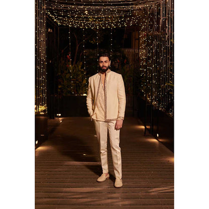 Jigar and Nikita Cream Impression Jacket with Short Kurta and Pant (Set of 3)