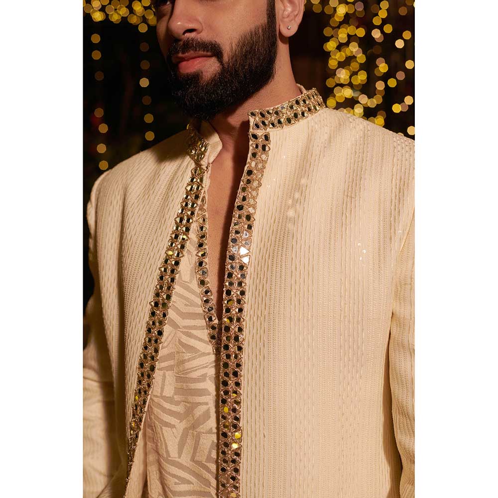 Jigar and Nikita Cream Impression Jacket with Short Kurta and Pant (Set of 3)