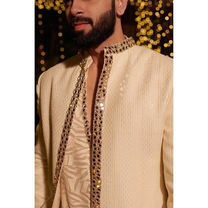 Jigar and Nikita Cream Impression Jacket with Short Kurta and Pant (Set of 3)