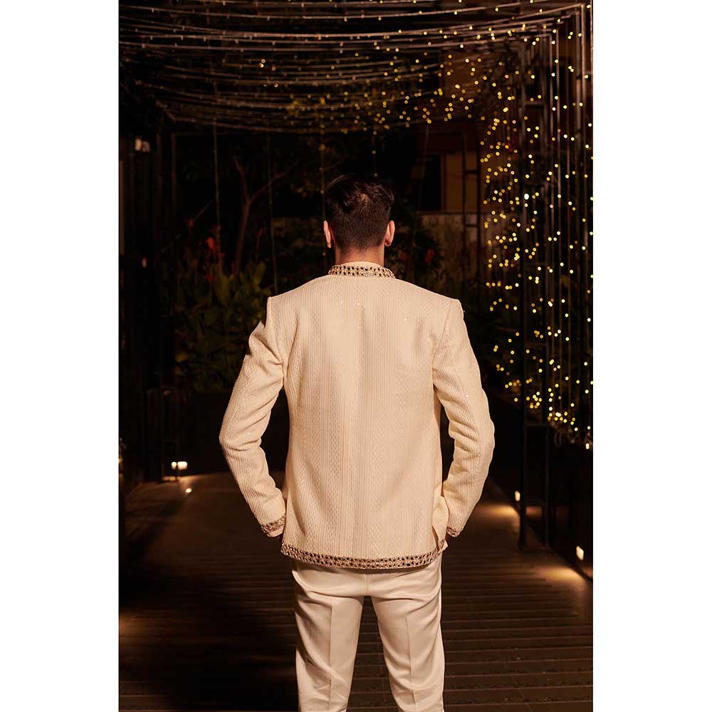 Jigar and Nikita Cream Impression Jacket with Short Kurta and Pant (Set of 3)