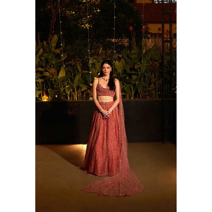 Jigar and Nikita Coral Rose Dust Drape Attached Blouse with Lehenga (Set of 2)