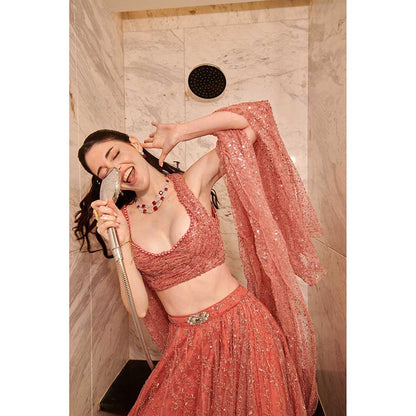 Jigar and Nikita Coral Rose Dust Drape Attached Blouse with Lehenga (Set of 2)