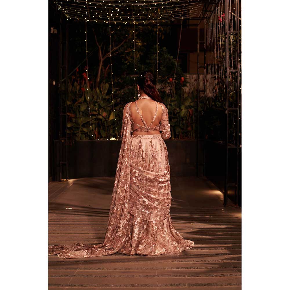 Jigar and Nikita Pink Affair Drape Dupatta Attached Lehenga with Blouse (Set of 2)