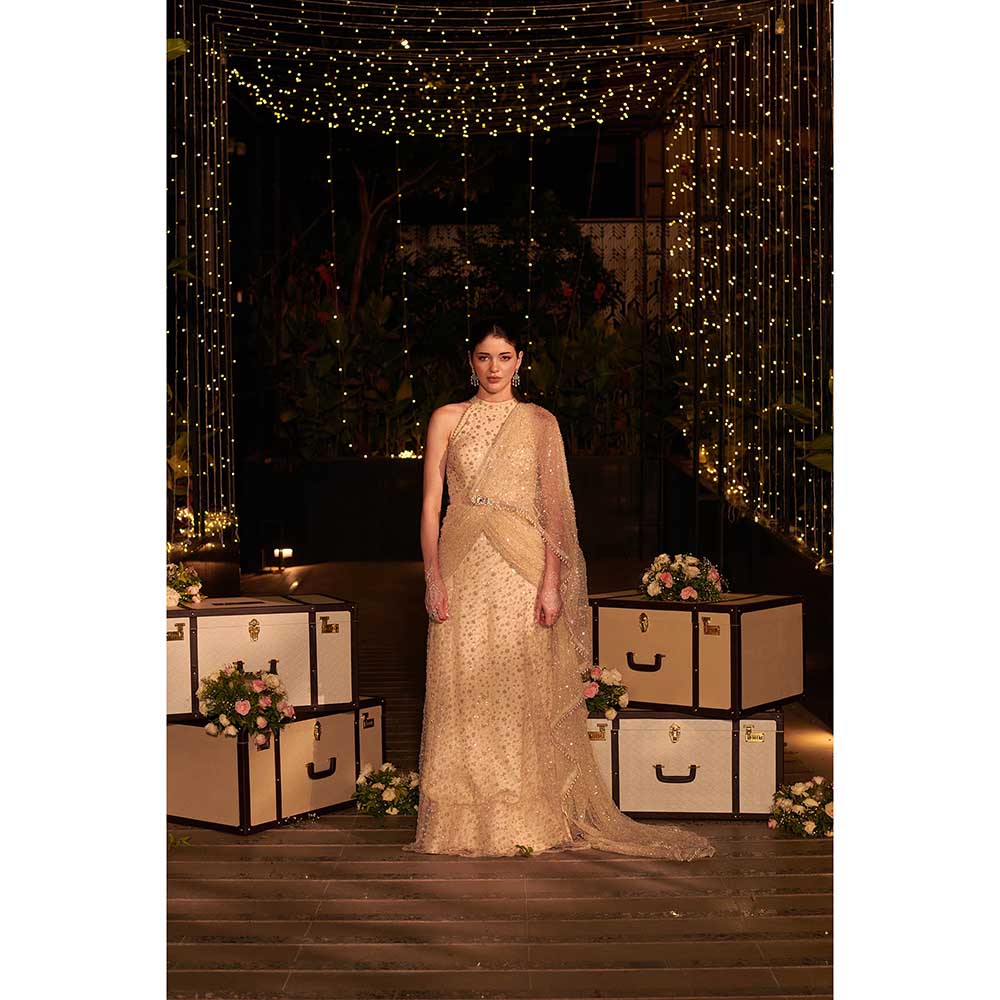 Jigar and Nikita Yellow Infinity Gown with Attached Drape