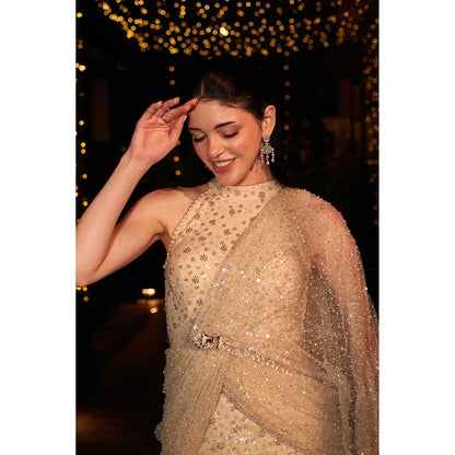 Jigar and Nikita Yellow Infinity Gown with Attached Drape