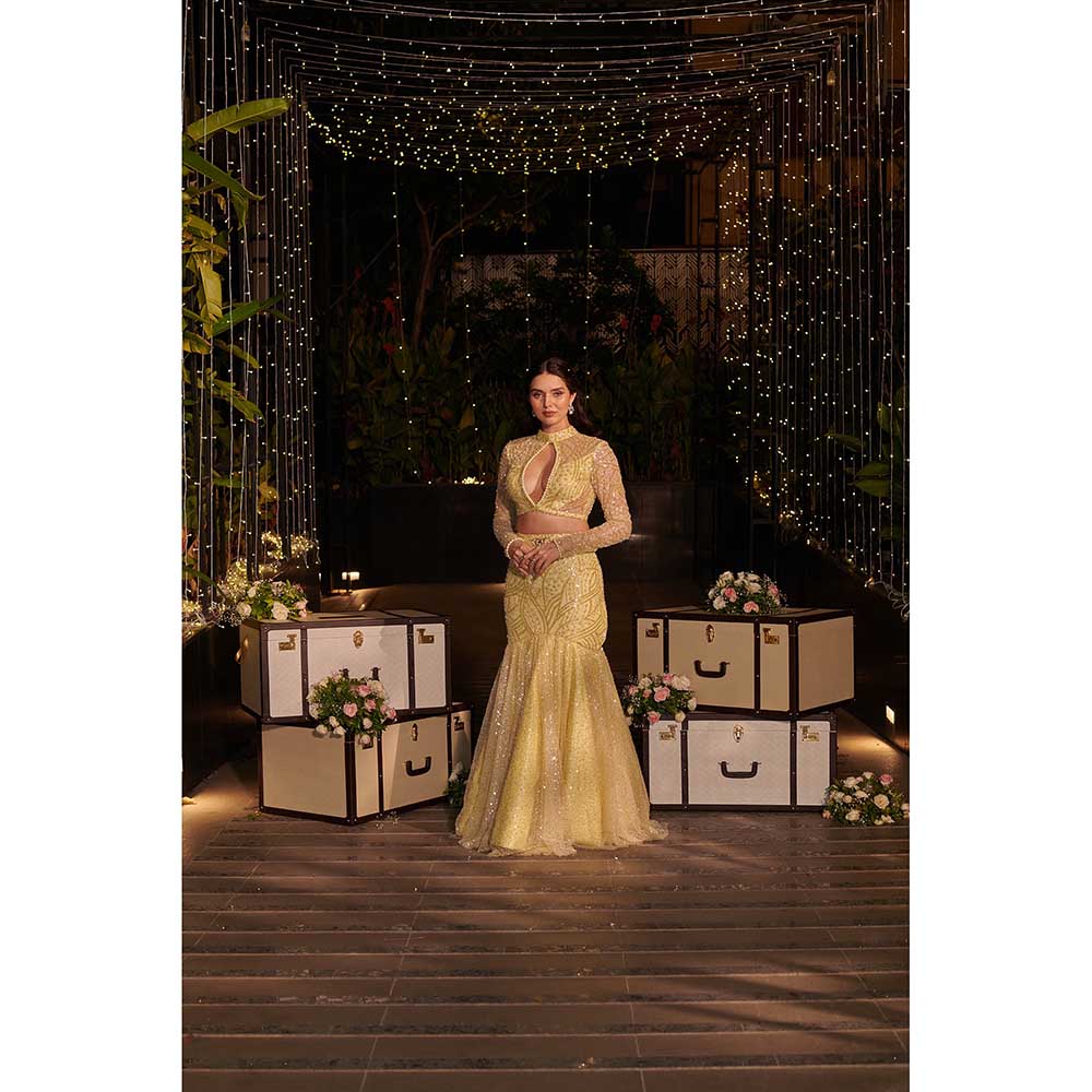 Jigar and Nikita Butter Yellow Mermaid Skirt with Blouse (Set of 2)