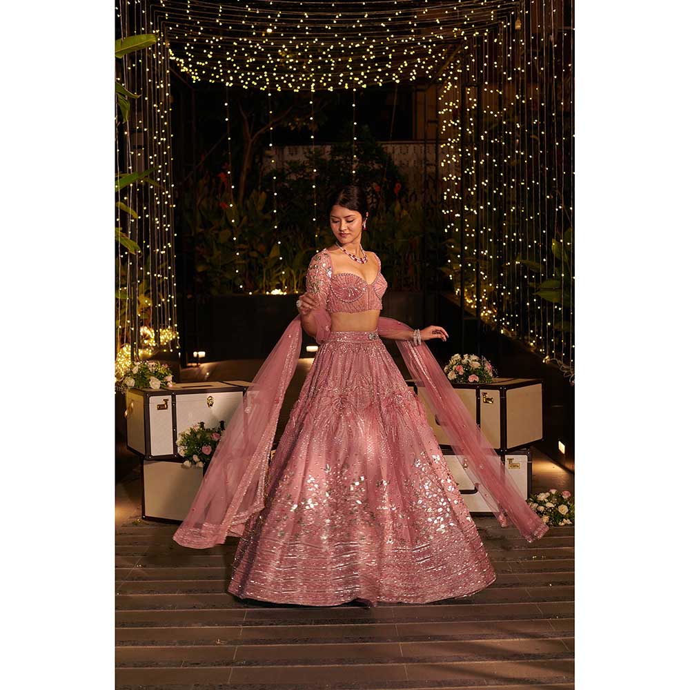 Jigar and Nikita Pink Rose Royal Lehenga with Blouse and Dupatta (Set of 3)