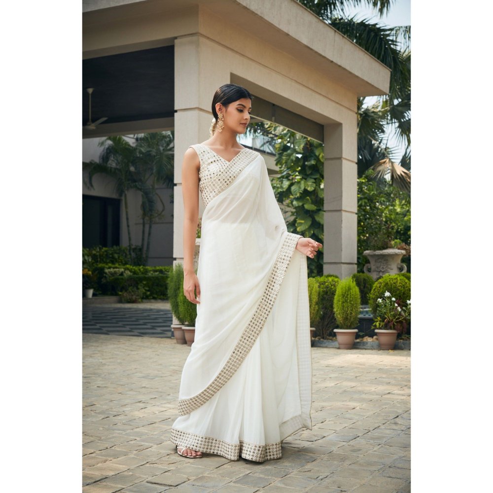 Bohame Ayra Off White Mirror Work & Chikankari Saree with Stitched Blouse & Petticoat