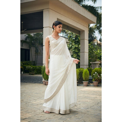 Bohame Ayra Off White Mirror Work & Chikankari Saree with Stitched Blouse & Petticoat