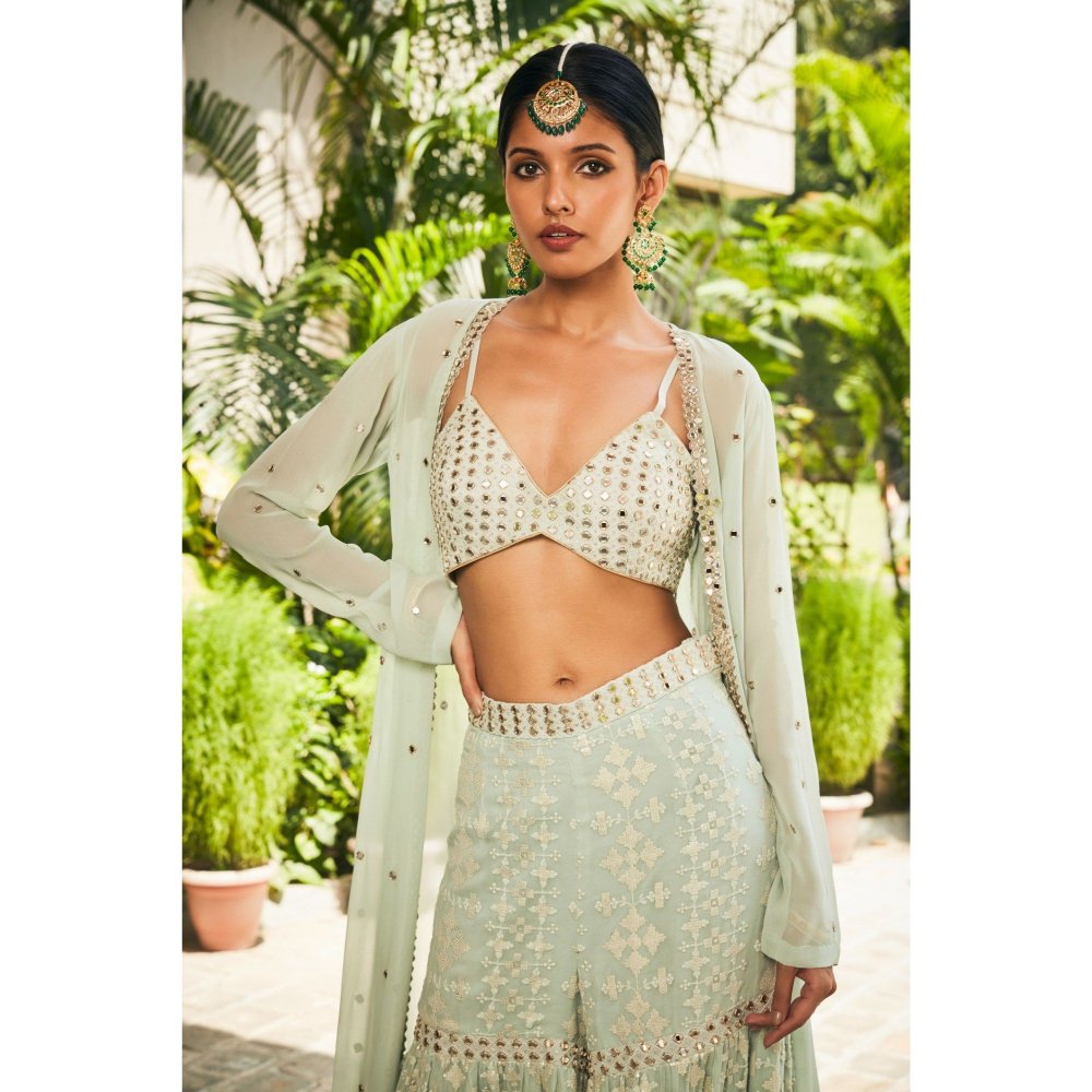 Bohame Ruhi Pastel Green Mirror Work & Chikankari Blouse with Sharara & Cape (Set of 3)