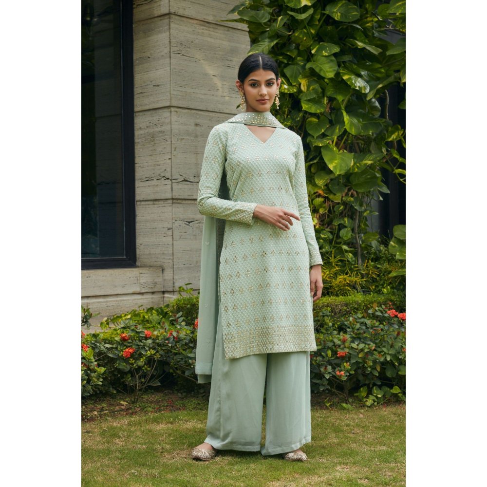 Bohame Rohana Pastel Green Mirror Work Embroidered Kurta & Palazzo with Dupatta (Set of 3)