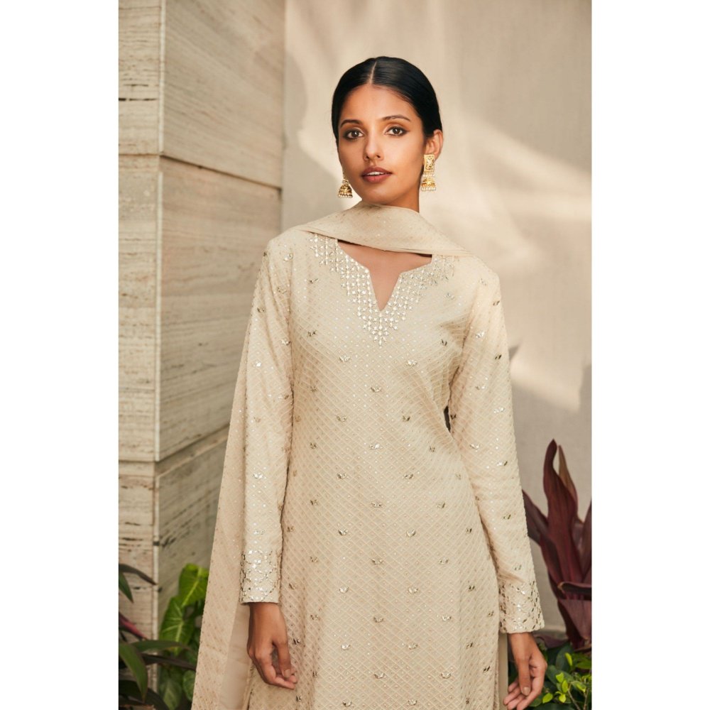 Bohame Avisa Beige Mirror Work & Chikankari Embroidered Kurta with Salwar & Dupatta (Set of 3)