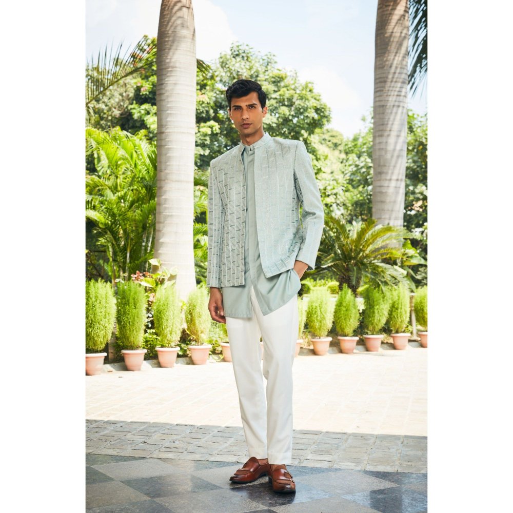 Bohame Satyen Mint Green Chikankari Open Jacket and Kurta with Pant (Set of 3)