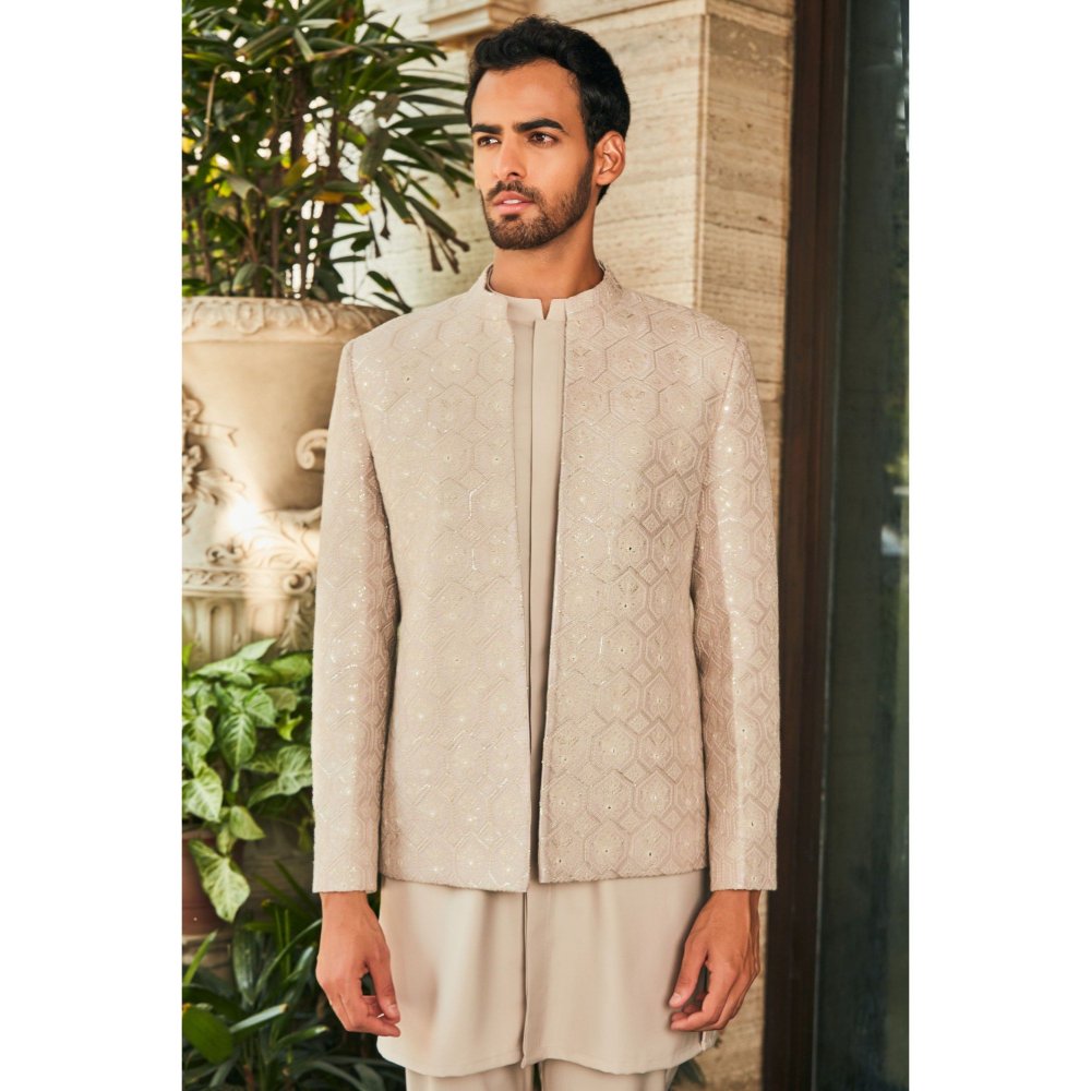 Bohame Arit Ivory Chikankari Open Jacket and Kurta with Pant (Set of 3)
