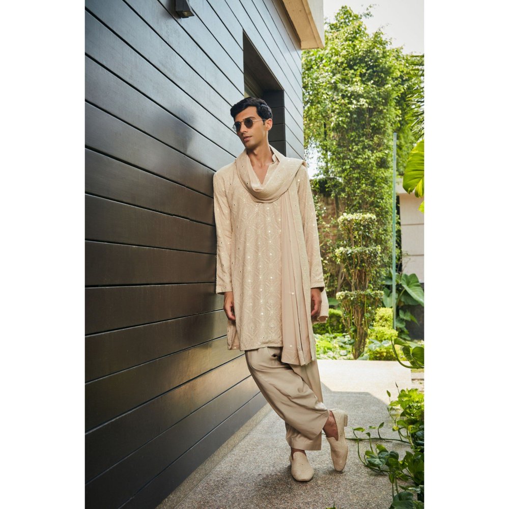 Bohame Udvah Beige Chikankari Kurta and Salwar with Dupatta (Set of 3)