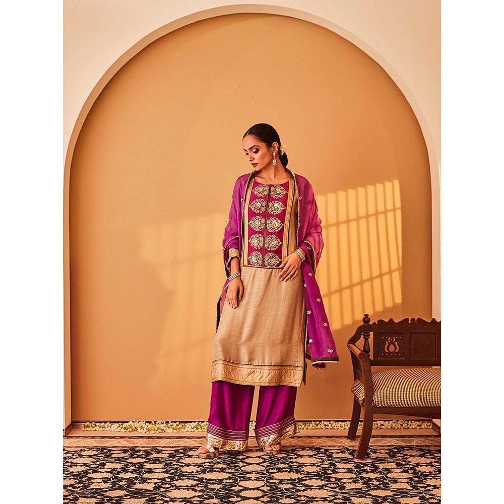 Bo Tree Beige Gul-E-Rana Kurta with Palazzo and Dupatta (Set of 3)