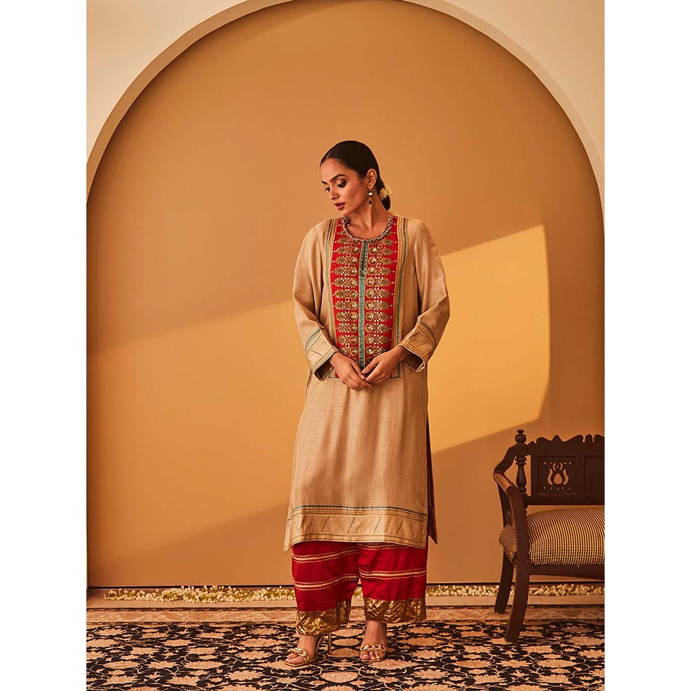 Bo Tree Beige Rayana Kurta with Palazzo and Dupatta (Set of 3)