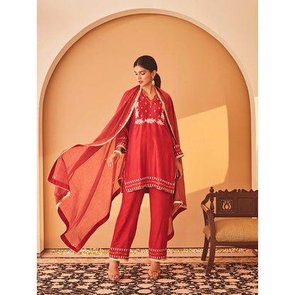 Bo Tree Red Rukhsana Kurta with Pant and Dupatta (Set of 3)