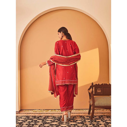Bo Tree Red Rukhsana Kurta with Pant and Dupatta (Set of 3)