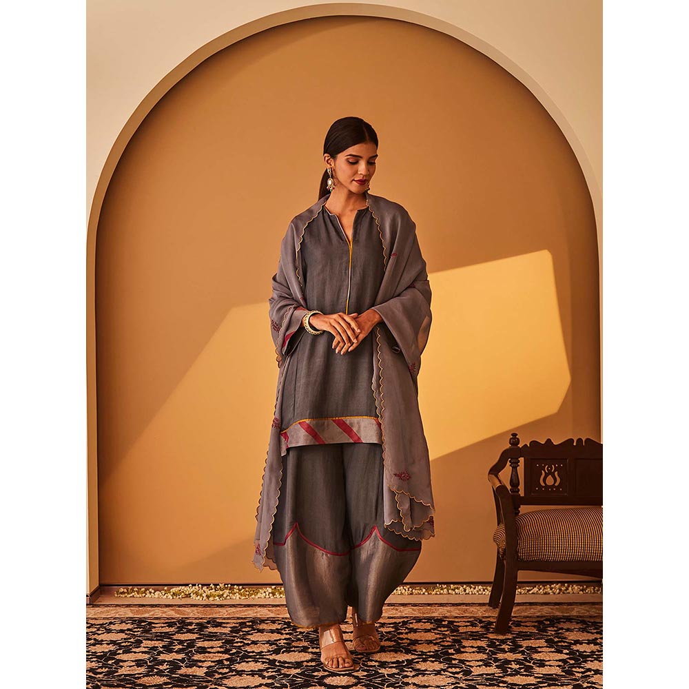 Bo Tree Grey Anjum Kurta with Palazzo and Dupatta (Set of 3)