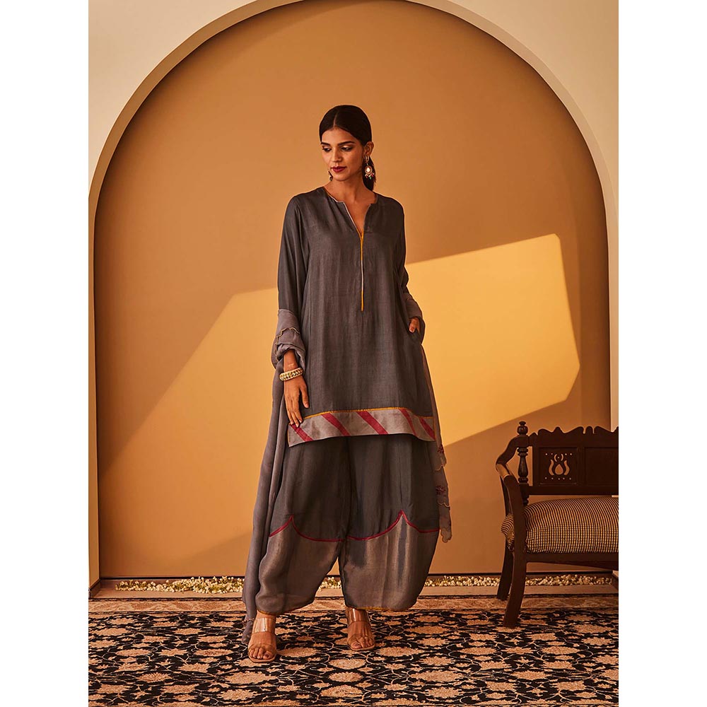 Bo Tree Grey Anjum Kurta with Palazzo and Dupatta (Set of 3)
