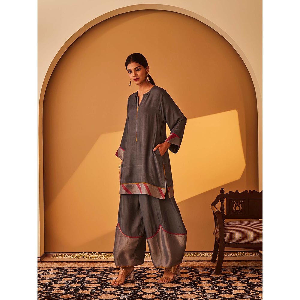 Bo Tree Grey Anjum Kurta with Palazzo and Dupatta (Set of 3)