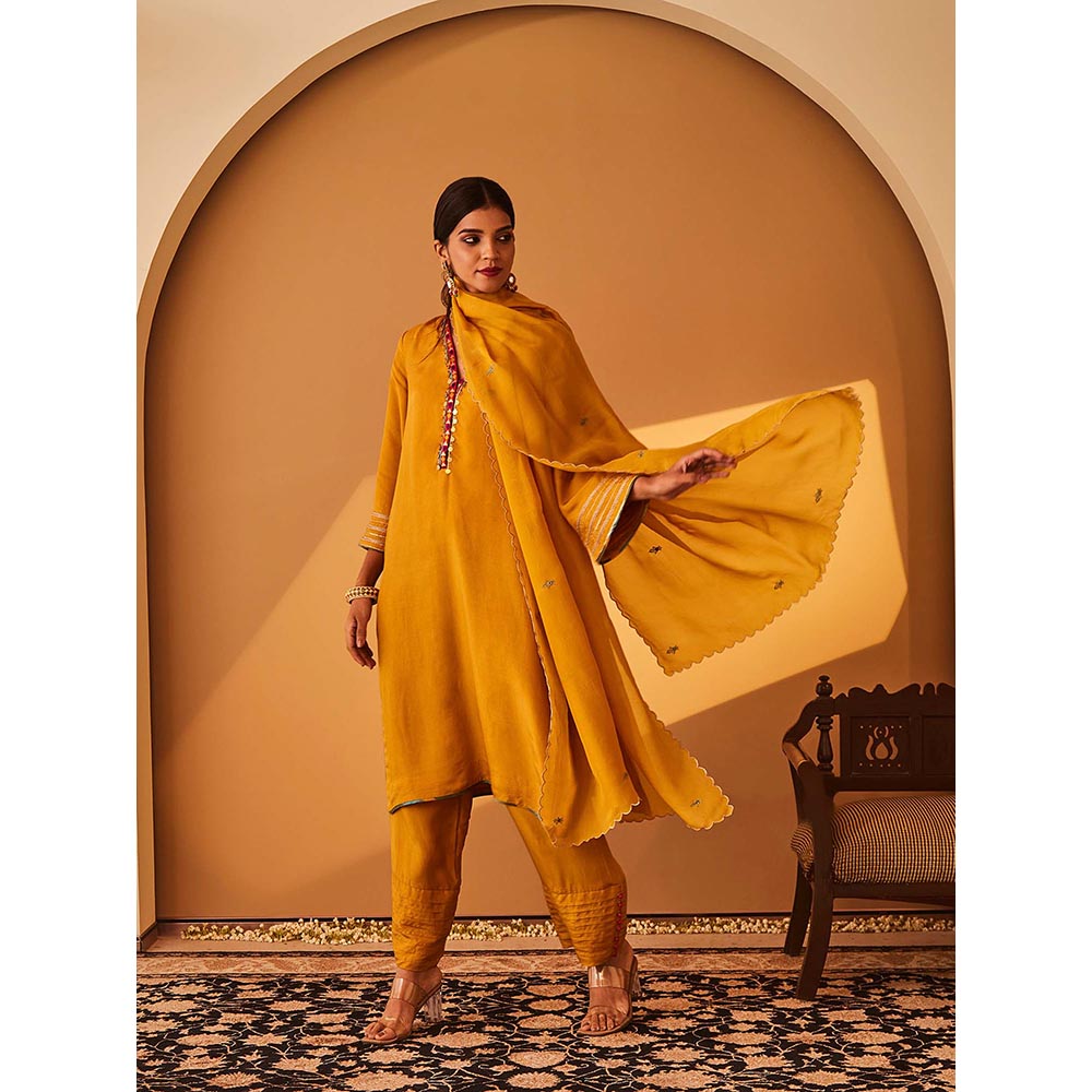 Bo Tree Yellow Sambul Kurta with Pant and Dupatta (Set of 3)