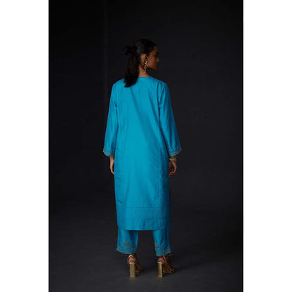 BRIH Turquoise Embroidered Kurta with Pant (Set of 2)