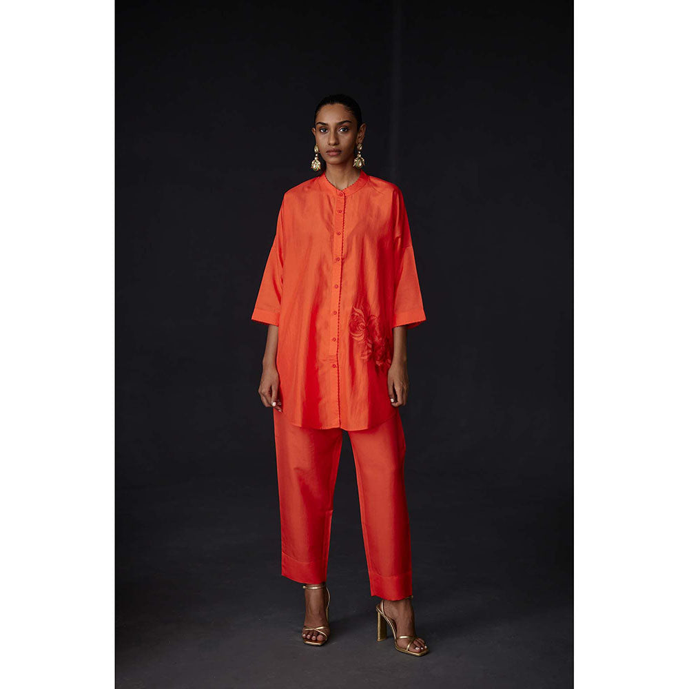 BRIH Scarlet Orange Embroidered Tunic with Pant (Set of 2)