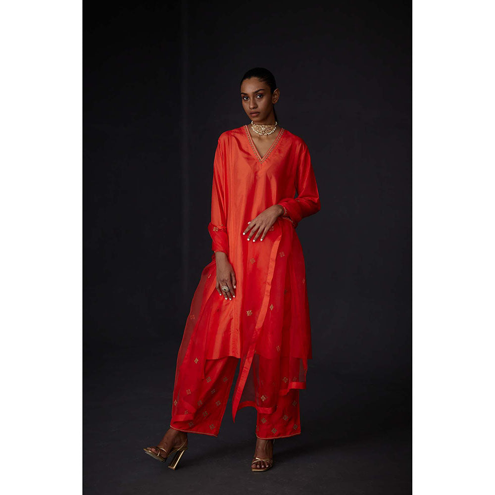 BRIH Scarlet Red Embroidered Kurta with Pant (Set of 2)